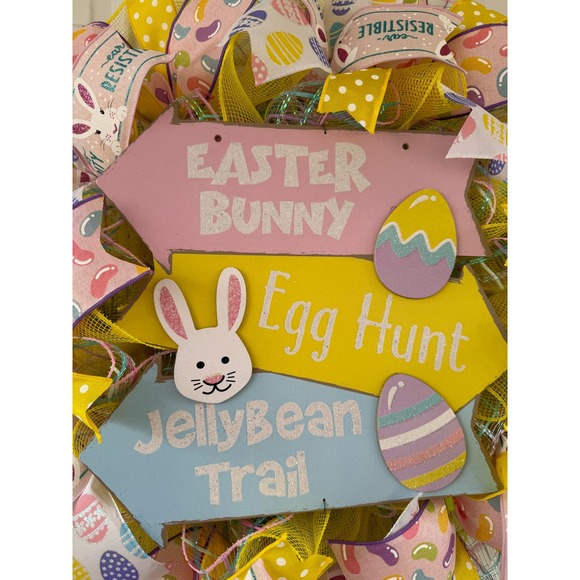 Easter Bunny Jelly Bean Trail Egg Hunt Sign Mesh Ribbon Spring Wreath - Picture 2 of 8